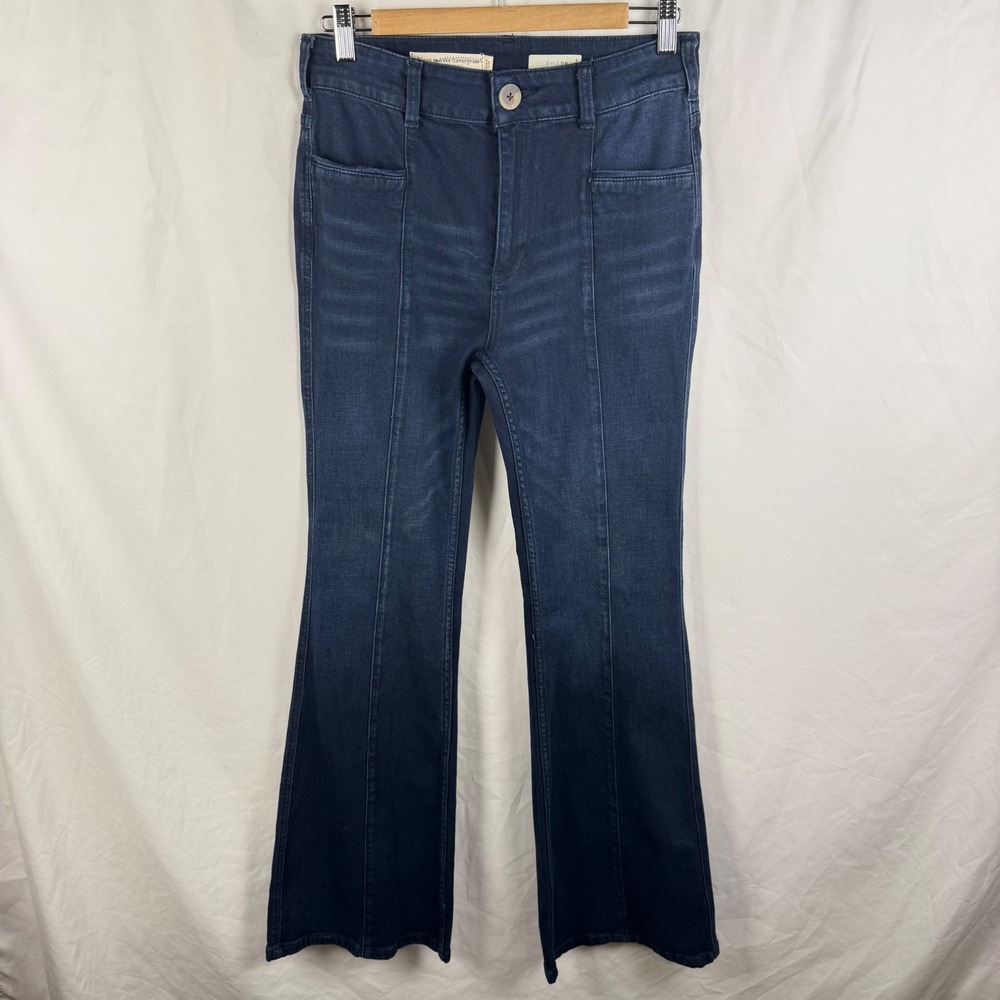 Pilcro Anthropologie Pintuck Dark Wash Flare Jeans Sz 28 Boho Nautical High-Rise - Picture 3 of 12